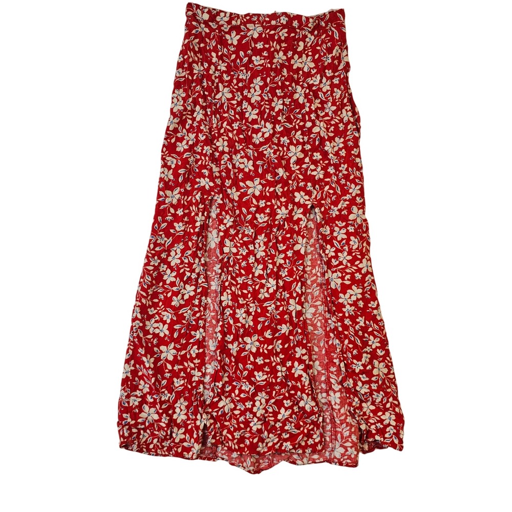 Topshop Red Floral Double Slit Midi Skirt Size US 2 High Waisted Boho Ditsy